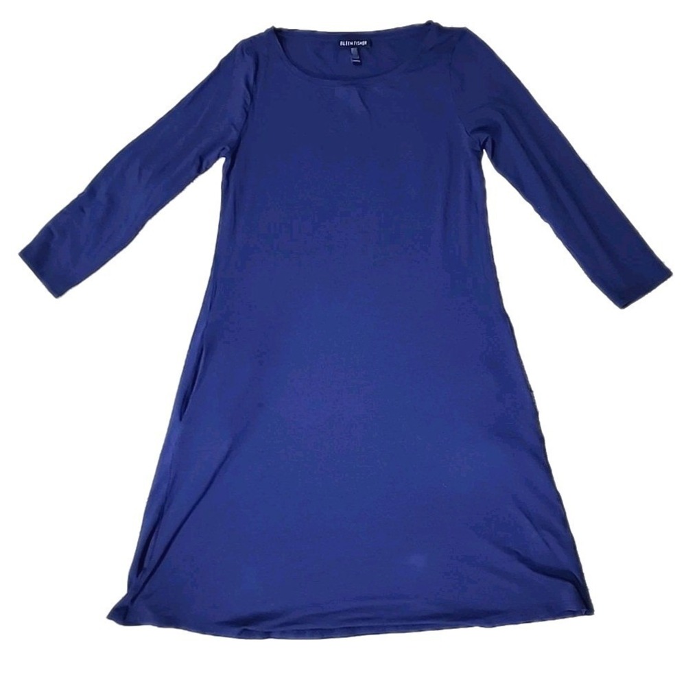 Eileen Fisher Knit Dress XXS Blue Ballet Neck Pockets Swing A-Line Lagenlook